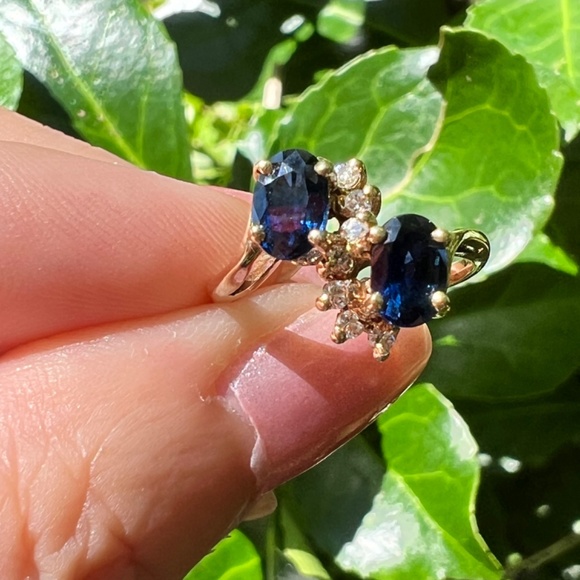 VINTAGE 14K GOLD BLUE SAPPHIRE DIAMOND TOI ET MOI RING ENGAGEMENT ANNIVERSARY - Picture 3 of 16